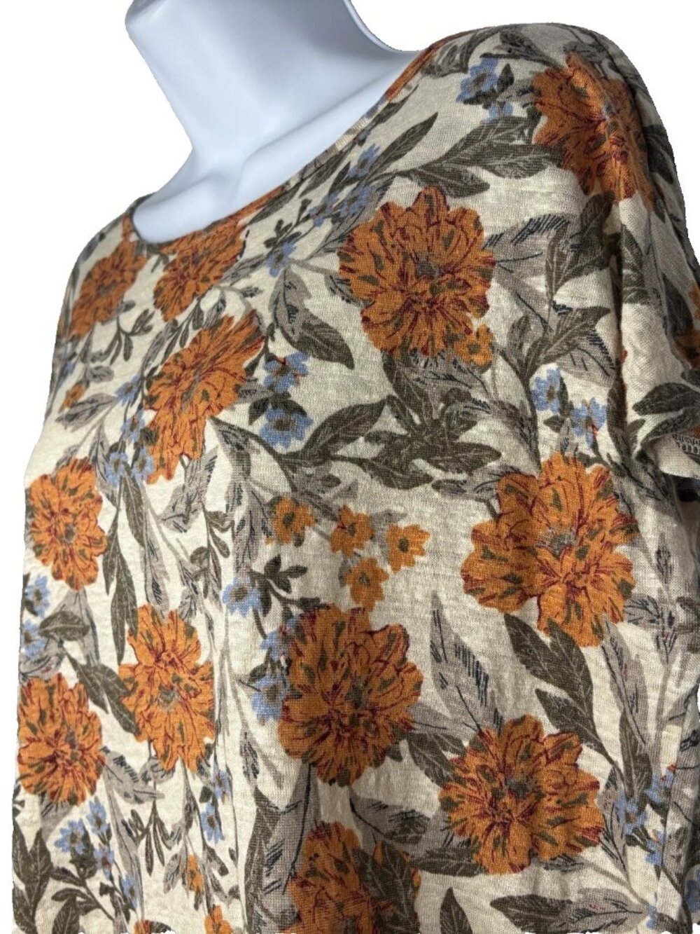 Haute Hippie Linen Blouse Top Size L Cream Orange Floral Abalone Button Back - Picture 6 of 8